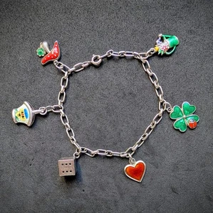 Glücks Armband 835 Silber Emaille Anhänger Kleeblatt Pilz Würfel Herz alt antik - Bild 1 von 13