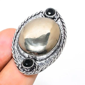Pirite Agata, Nero Spinello Gemma 925 Argento Sterling Gioielli Misura Anello 9 - Foto 1 di 5