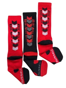 3 Pairs Socks RUSSELL PERFORMANCE ACTIVE Boys Shoe Sz 3-9 Crew Red Black CHEVRON - Picture 1 of 4