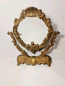 Vintage Gold Colored Cherub Motif Plastic Swivel Dresser Mirror - Made in Hong K - Picture 1 of 21