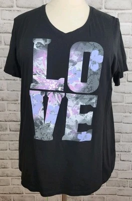 Just My Size Black Tye LOVE Cotton Poly Knit Top Size 3X Short Sleeve V Neck - Image 1 of 4