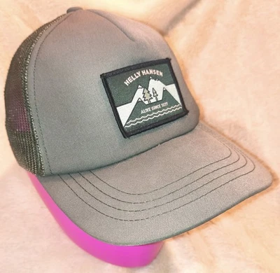 VG+ 男式 O/S HELLY HANSEN Olv 绿色刺绣布贴网眼/棒球帽 — 第 1/3 张图片