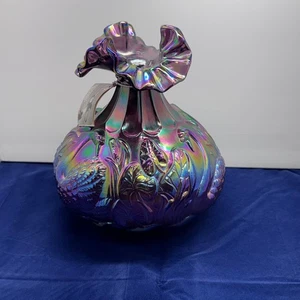 Fenton Art Glass Vase Iridescent Plum Carnival Swan Lily Pad Frank M Fenton - Picture 1 of 8