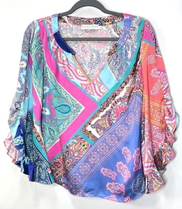 ALEX & TRIXIE Seidenbluse mit buntem Print Glocken-Rüschenärmel Gr. XS Made in USA - Bild 1 von 9