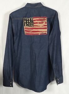 WINCHESTER Men's Long Sleeve Denim Snap Button American Flag Cotton Shirt LARGE