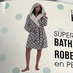 Women's Super Soft Plush Hooded Bath Robe • Spa • Gray Polka Dot • Knee Length - Picture 1 of 4