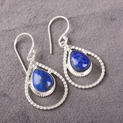 Pendientes colgantes de piedras preciosas de lapislázuli de plata de ley 925 hechos a mano joyas regalos Foto 1 de 4