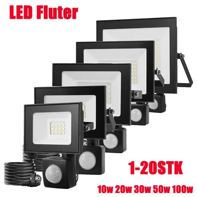 LED Fluter Mit Stecker Bewegungsmelder Scheinwerfer Außen Strahler Lampe 10-100W - Bild 1 von 4