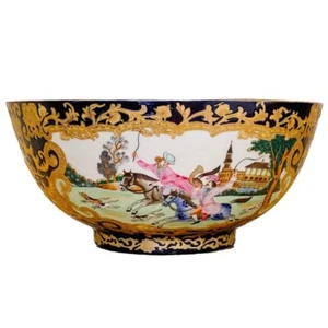 Large Chinese Export Hunting Scene Punch Bowl 14"W Vintage Chinoiserie Bowl - Picture 1 of 10