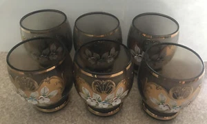 6 Bohemian AMETHYST GOLD Hand Painted FLORAL BRANDY SNIFTERS glasses - Picture 1 of 3