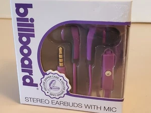 BILLBOARD Stereo Earbuds w Mic zip case NEW #BB585 PURPLE Cable remote X bass - Picture 1 of 7