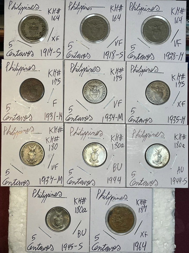 1917 - 1964 Philippines Five 5 Centavos Fine F - BU Condition 11 Coin Lot - Image 1 of 4
