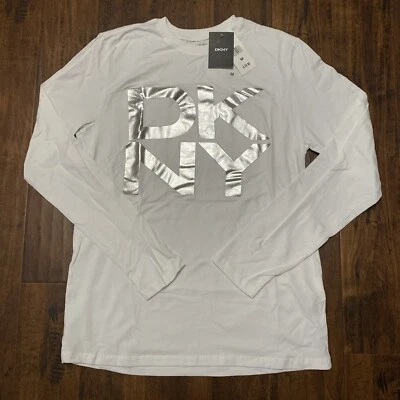 NWT DKNY White/Silver Graphic Long Sleeve Men's T-Shirt Size Medium $40. B2 - Image 1 of 4