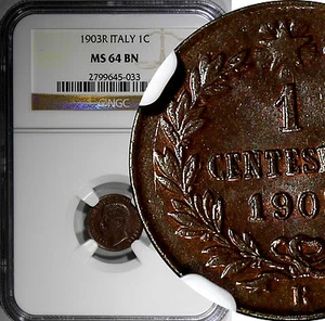 Italy Vittorio Emanuele III Bronze 1903 R 1 Centesimo NGC MS64 BN KM# 35 (033) - Picture 1 of 3