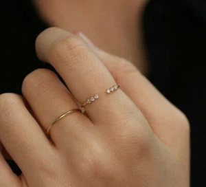 Open Diamond Wedding Ring 14k Solid Gold Minimalist Stacking Ring Cuff Ring Gift - Picture 1 of 12