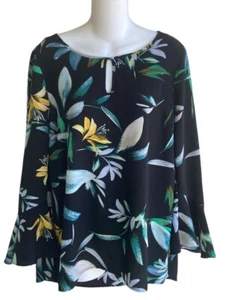 Chaus schwarz Multi Tropical Print Bluse 3/4 Glockenärmel Schlüssellochöffnung Frau M - Bild 1 von 3