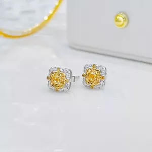 Shop Fancy Yellow Diamond Stud Earrings Cushion Shape Gemstone 18k White Gold - Picture 1 of 8