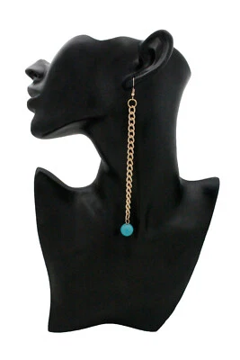 Damen Ohrringe Modeschmuck Gold Metall Kette Lang Türkis Blau Perlen - Bild 1 von 4
