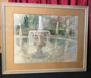 VINTAGE ANTIQUE WATERCOLOR GARDEN FOUNTAIN IN TUILERIES SIGNED G. HOFFMAN - Picture 1 of 7