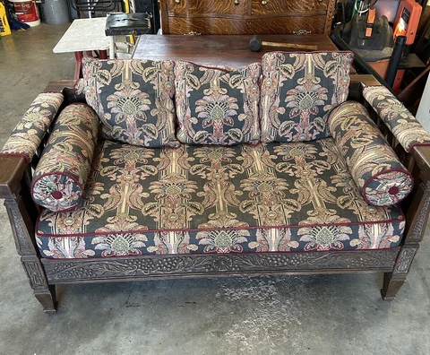Romweber Antique Vintage Viking Oak Grapevine Carved Love Seat, Librarian Sofa! Cover