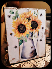 Rustic Country Distressed `Print on Canvas `SUNFLOWERS BEES PITCHER~8x10