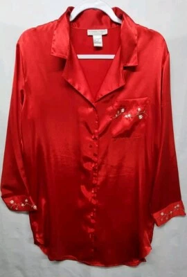 Рубашка для сна Morgan Taylor Intimates вышитая розово-красная атласная пижама размер средний - Изображение 1 из 4