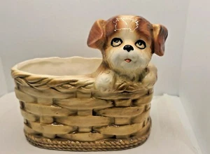 Vintage Japan Ceramic Puppy in Basket Planter 5" x 5.5" - Picture 1 of 5