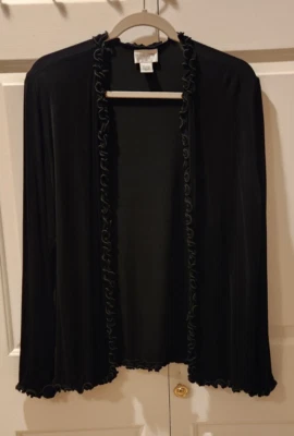 Chicos Travelers Sz 2~Reg 12~Black Open Front Travel Knit Cardigan~Ruffled Edges - Image 1 of 4