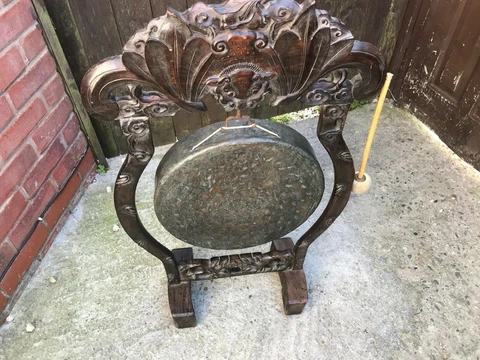 Chinese  Antique bronze Dinner Gong On carved hard wood  stand Cover