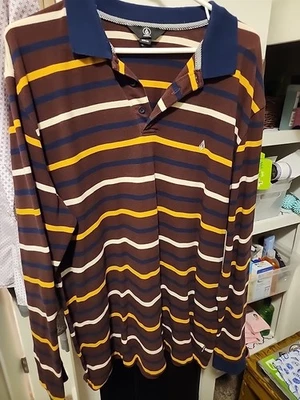 Volcom Gon James Stripe Polo Rugby Long Sleeve Shirt in Bordeaux Brown Mens XXL - Image 1 of 4