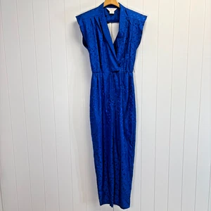 Vintage JC Penney Jacquard Geometric Disco Jumpsuit Women 9/10 Blue 80s Pleated - Picture 1 of 9