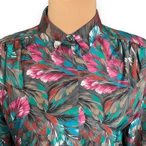 Vintage 90er Bluse mehrfarbig Feder Print Langarm Kragen Knopfleiste Hemd - Bild 1 von 11