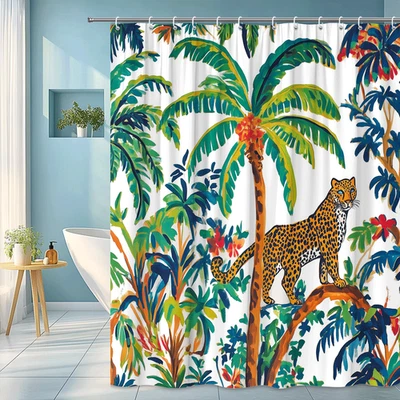 Cortina de ducha de leopardo de la selva tropical con exuberantes palmeras y arte de vida silvestre Foto 1 de 4