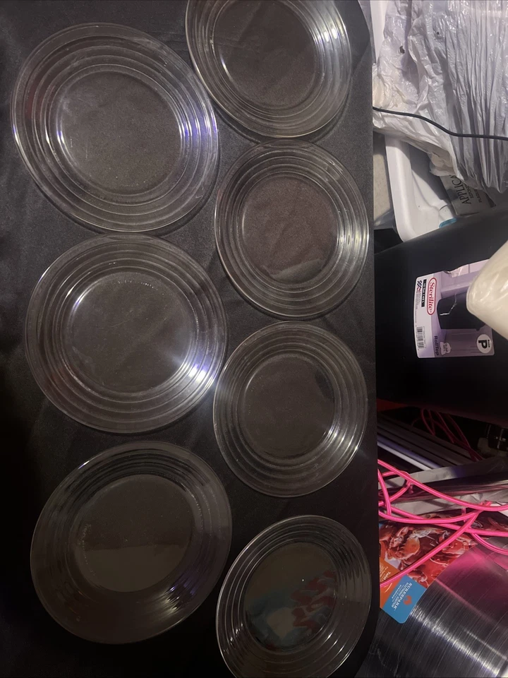 Libbey Duratuff “HOOPS” Glass Set of 7 Salad Plates 8.5 Inch Clear Glass Plates - Image 1 of 4
