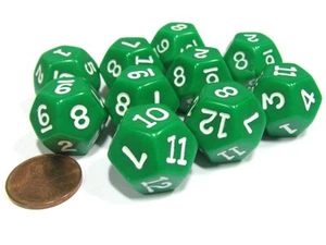 Set of 10 D12 12-Sided 18mm Opaque RPG Dice - Green with White Numbers - Picture 1 of 1