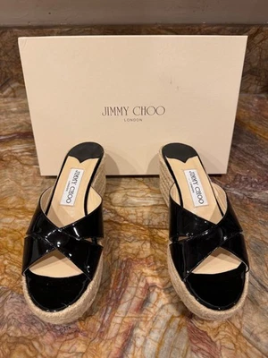 Jimmy Choo Paisley Black Gold Plate Wedge Slides Sandals - Image 1 of 4