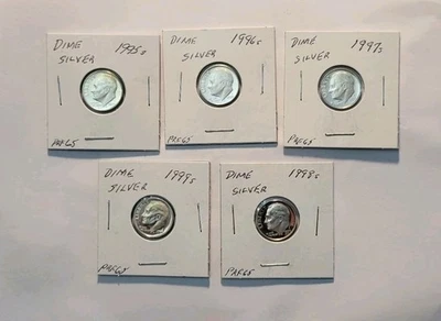 Monedas de diez centavos Roosevelt 1995 S-1999 S de plata de Estados Unidos a prueba (5 monedas de diez centavos de plata) Foto 1 de 4