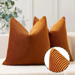 Burnt Orange Pillow Covers 26x26 Set of 2 Velvet Striped Pattern - Soft Throw... - Picture 1 of 6