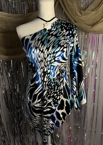 Cache Vtg Silk Blouse Top Blue One Shoulder Handkerchief Fairy Animal Print XS - Picture 1 of 14