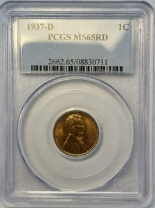1937 D 1C Lincoln centesimo di grano PCGS MS65RD (511) - Foto 1 di 4