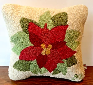 Chandler 4 Corners Poinsettia 12" Square Wool Hooked Throw Pillow Christmas - Picture 1 of 6