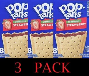 3x Kellogg's Pop Tarts UNFROSTED STRAWBERRY Toaster Pastries 8 Ct 13.5 oz 3 PACK - Picture 1 of 4