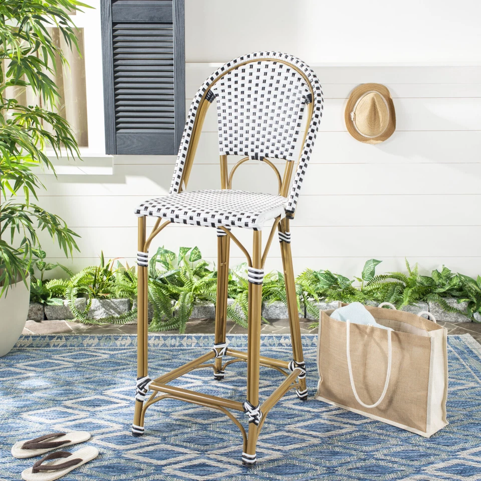 SAFAVIEH Outdoor Collection Zaid Stackable Bar Stool | Black/White/Brown | - Image 1 of 4