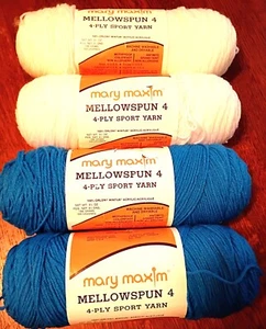4 KNÄUEL MARY MAXIM LEICHT GESPONNEN 4 GARNE. 2 WEISSE UND 2 BLAUE. Je 3,5 0Z. - Bild 1 von 3