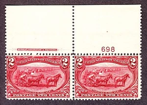 US 286 2c Trans-Mississippi Mint Plate #698 Top Pair F-VF OG NH/ LH SCV $110 - Picture 1 of 2