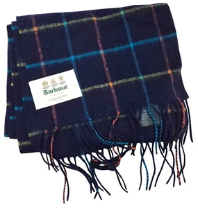 Sciarpa BARBOUR blu navy multicolore a righe check morbida 100% lana di agnello nappa - Foto 1 di 5