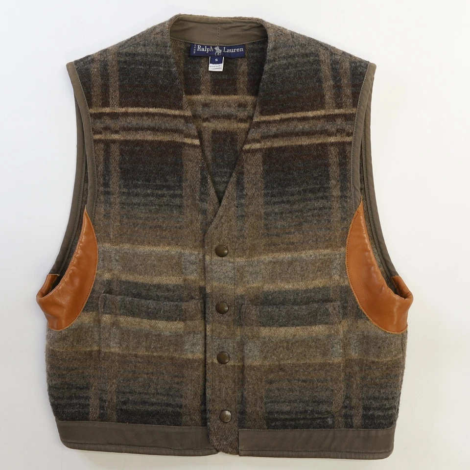 Chaqueta Chaleco de Lana Ralph Lauren Vintage Talla Pequeña Borde de Cuero a Cuadros Foto 1 de 4