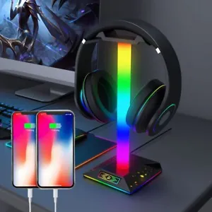 RGB Headset Stand with 2 USB 2.0 Ports Gaming PC Headphone Holder (Black) UK - Picture 1 of 12