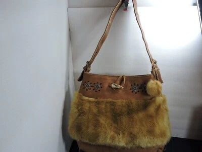 Suede and fauz fur beaded with pompom cross body adjustable strap - Image 1 of 4