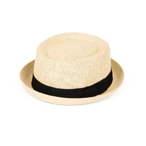 Mens Straw Pork Pie Hat Summer Trilby Cap Natural or Tan With Band - Picture 1 of 3